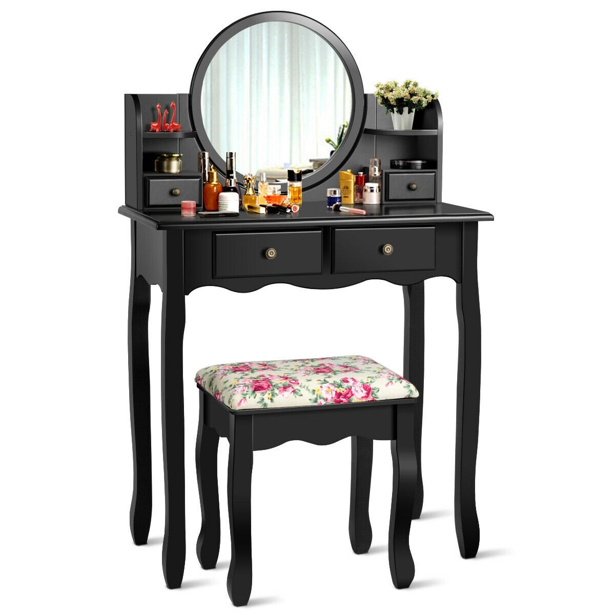 Makeup Vanity Table Set Girls Dressing Table with Drawers Oval Mirror-Black view 4