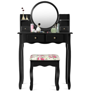 Makeup Vanity Table Set Girls Dressing Table with Drawers Oval Mirror-Black view 5