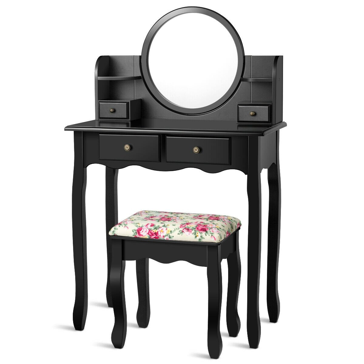 Makeup Vanity Table Set Girls Dressing Table with Drawers Oval Mirror-Black view 6