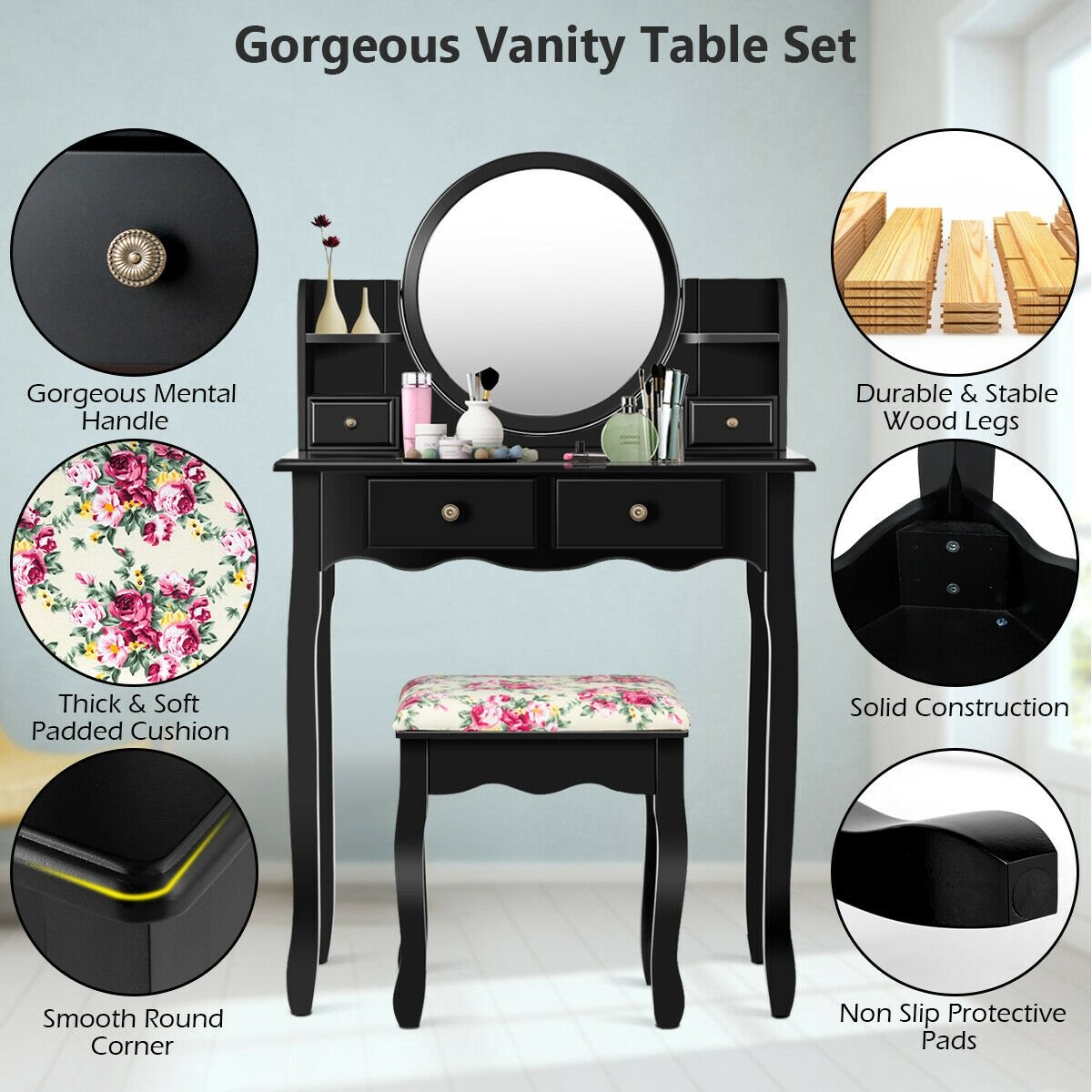 Makeup Vanity Table Set Girls Dressing Table with Drawers Oval Mirror-Black view 9