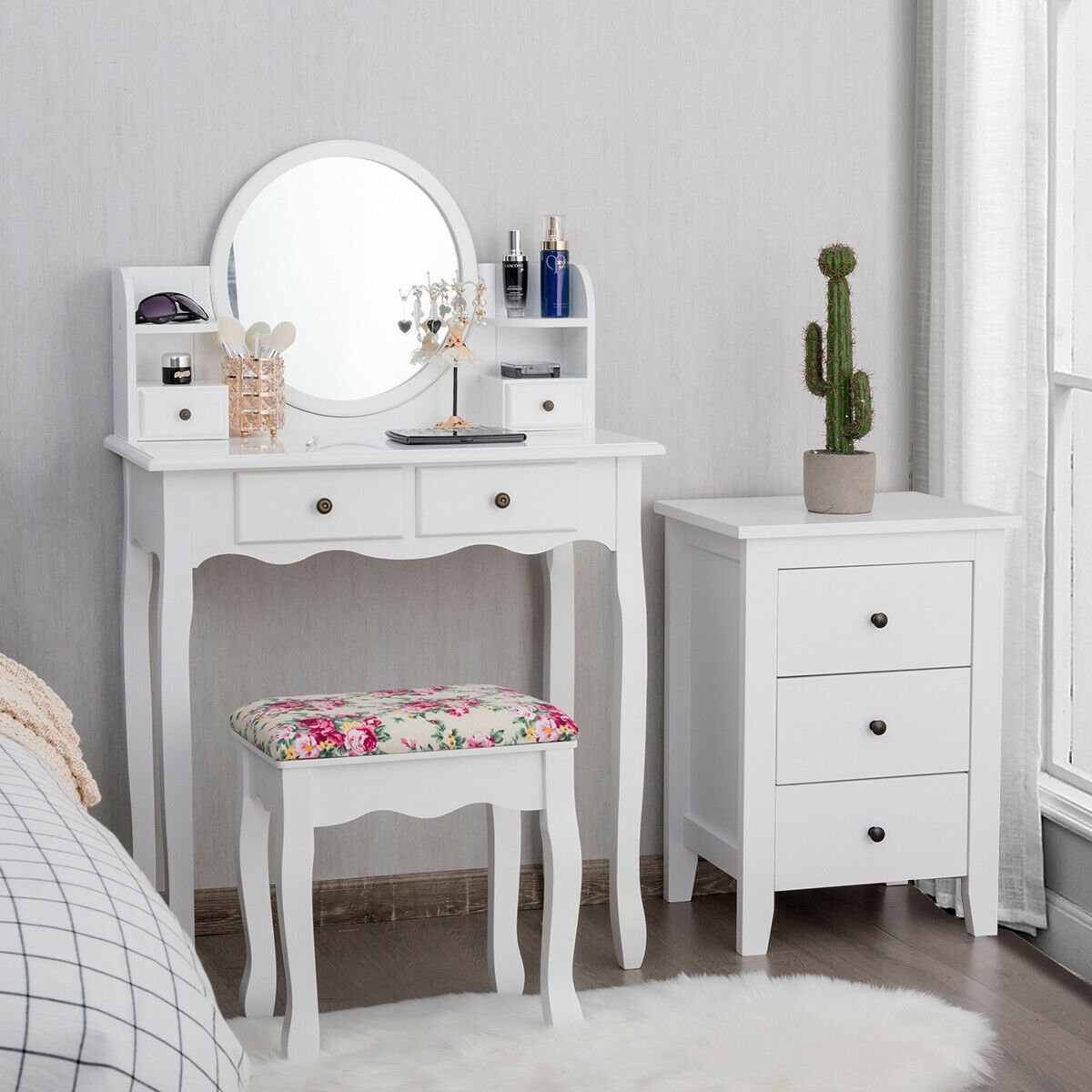 Makeup Vanity Table Set Girls Dressing Table with Drawers Oval Mirror-White view 2