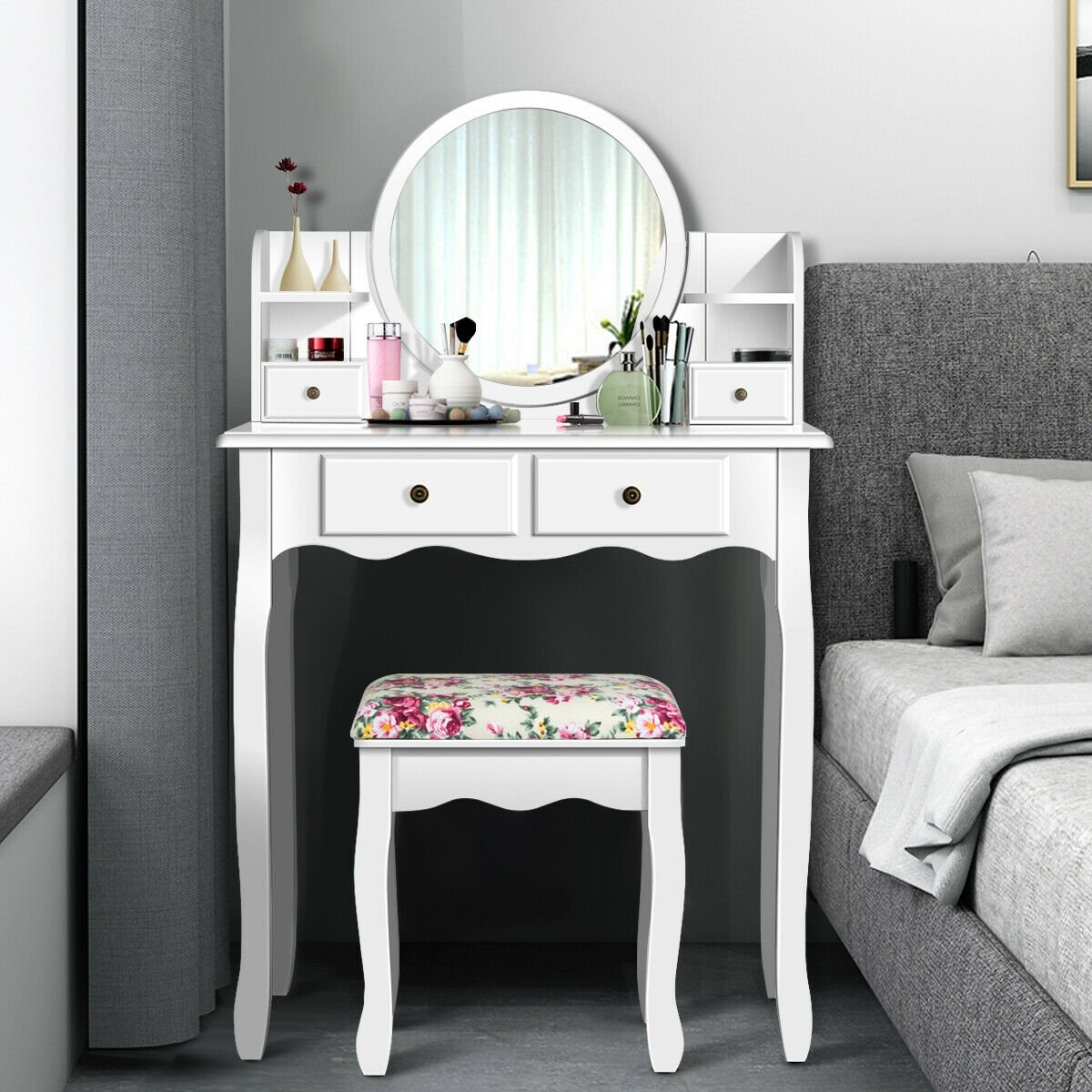 Makeup Vanity Table Set Girls Dressing Table with Drawers Oval Mirror-White view 3