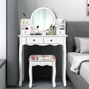 Makeup Vanity Table Set Girls Dressing Table with Drawers Oval Mirror-White view 3
