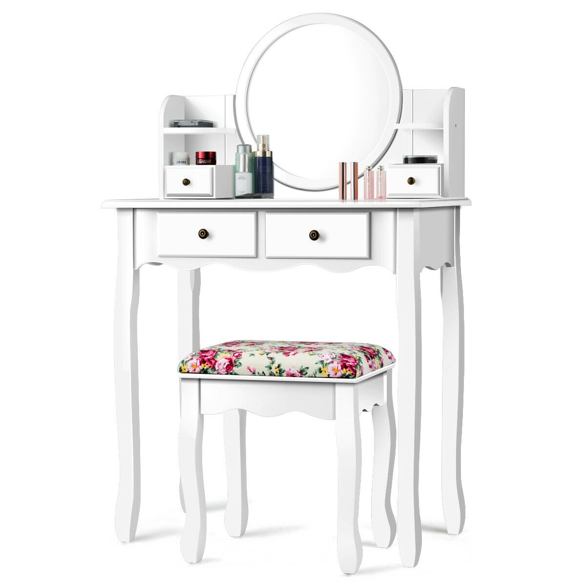 Makeup Vanity Table Set Girls Dressing Table with Drawers Oval Mirror-White view 4
