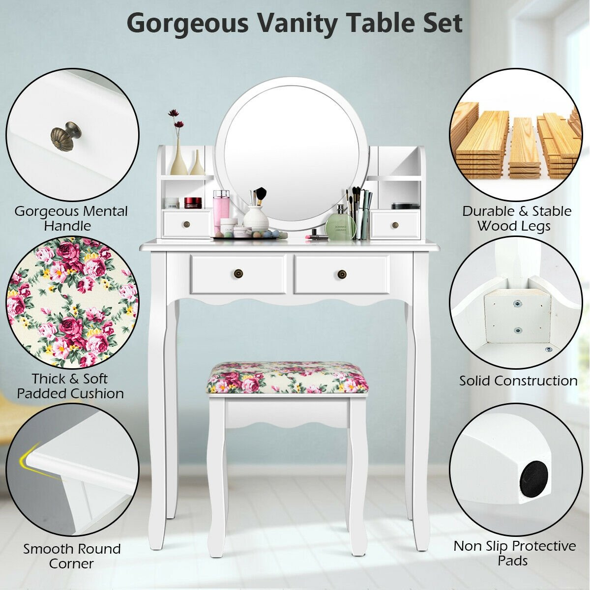 Makeup Vanity Table Set Girls Dressing Table with Drawers Oval Mirror-White view 8