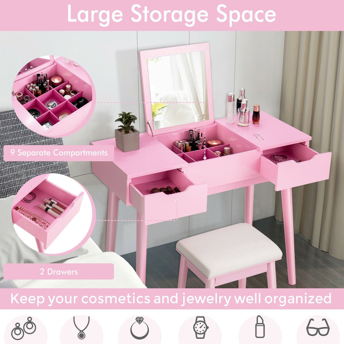Makeup Vanity Table Set with Flip Top Mirror and 2 Drawers-Pink view 3