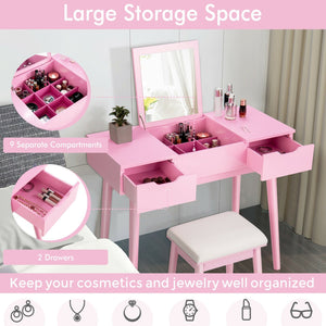 Makeup Vanity Table Set with Flip Top Mirror and 2 Drawers-Pink view 3