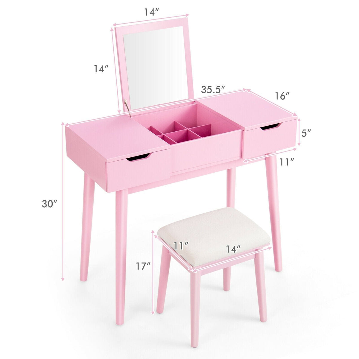 Makeup Vanity Table Set with Flip Top Mirror and 2 Drawers-Pink view 4