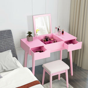 Makeup Vanity Table Set with Flip Top Mirror and 2 Drawers-Pink view 7
