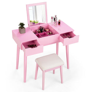 Makeup Vanity Table Set with Flip Top Mirror and 2 Drawers-Pink view 8