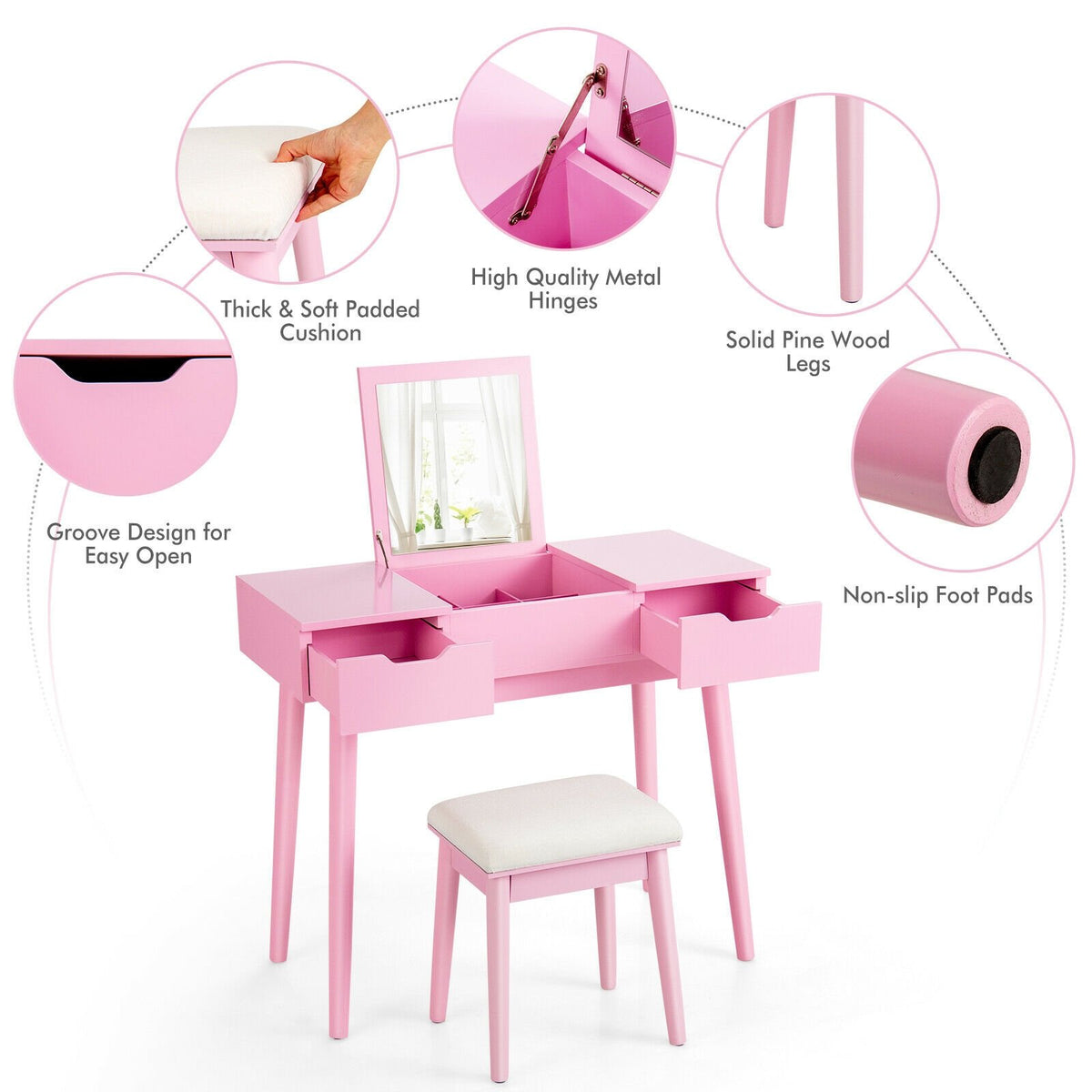 Makeup Vanity Table Set with Flip Top Mirror and 2 Drawers-Pink view 9
