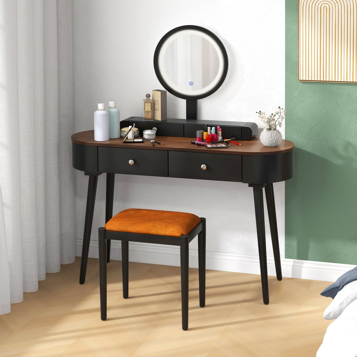 Makeup Vanity Table Set with LED Mirror and 3 Spacious Drawers-Black-Brown view 2