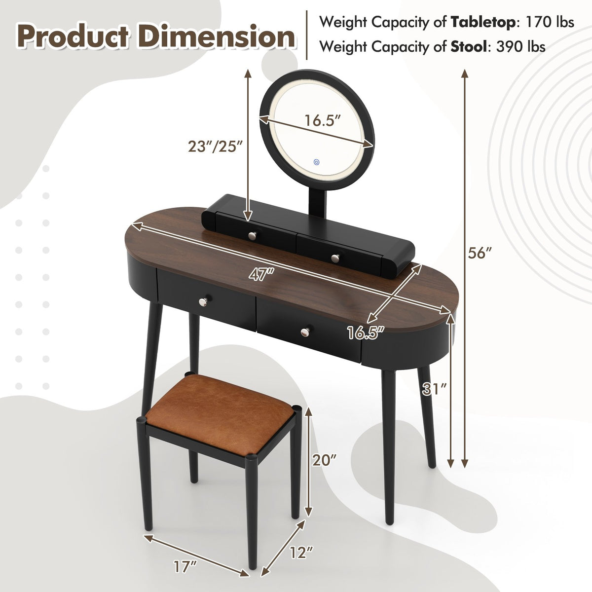 Makeup Vanity Table Set with LED Mirror and 3 Spacious Drawers-Black-Brown view 5