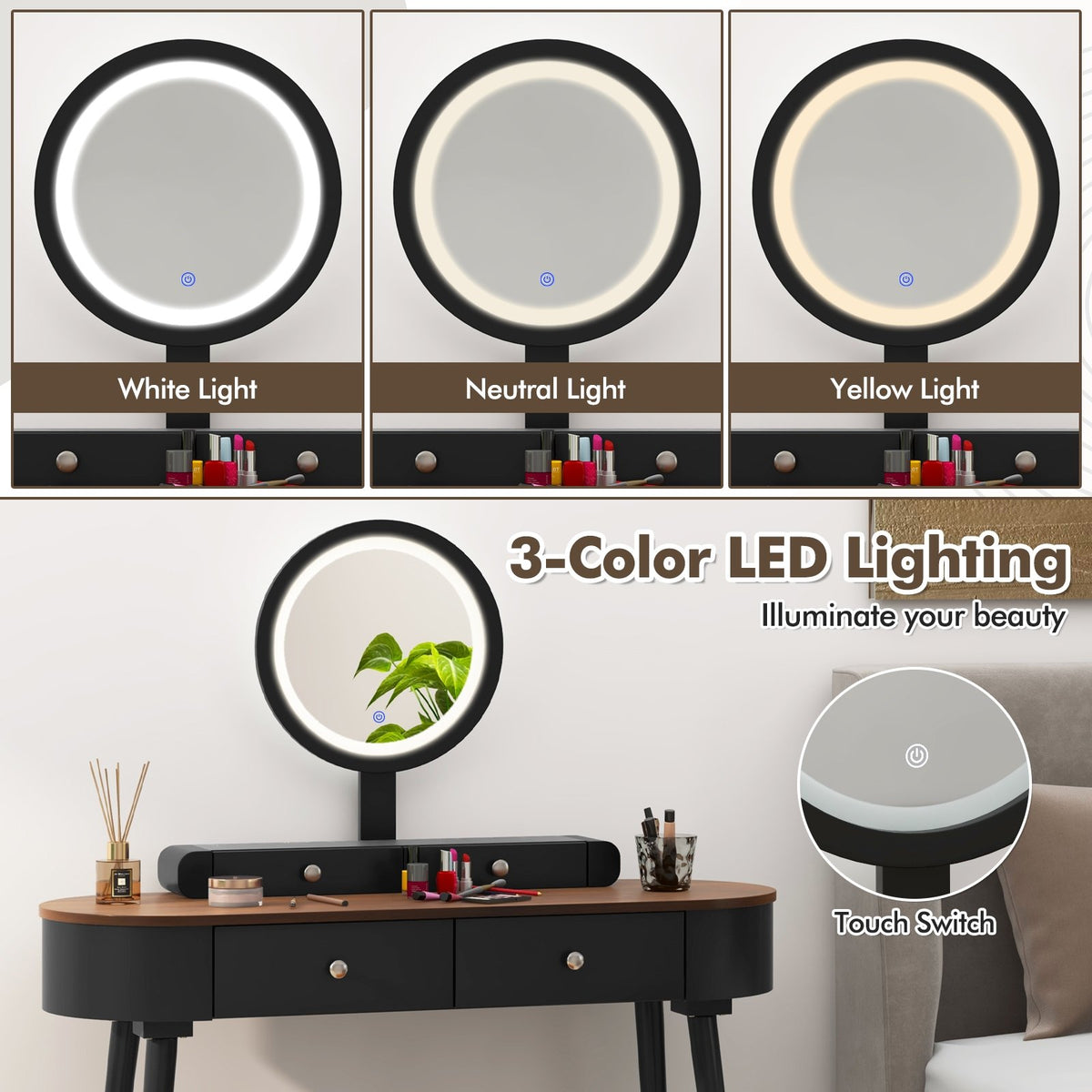 Makeup Vanity Table Set with LED Mirror and 3 Spacious Drawers-Black-Brown view 9