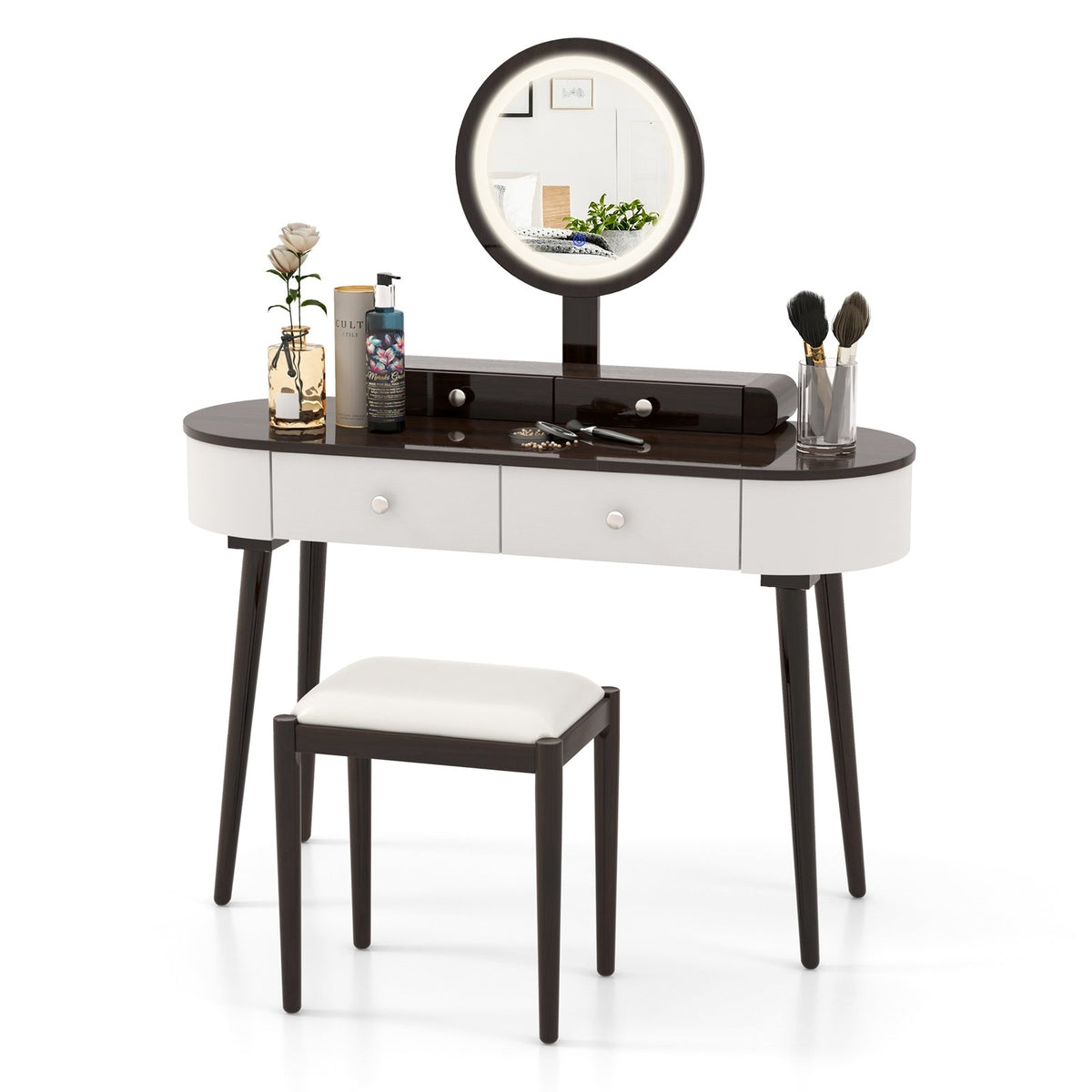 Makeup Vanity Table Set with LED Mirror and 3 Spacious Drawers-White-Brown view 4