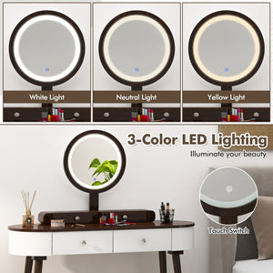 Makeup Vanity Table Set with LED Mirror and 3 Spacious Drawers-White-Brown view 6