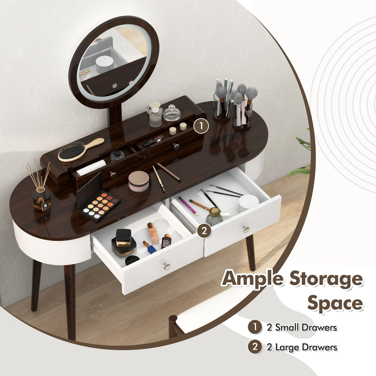 Makeup Vanity Table Set with LED Mirror and 3 Spacious Drawers-White-Brown view 7
