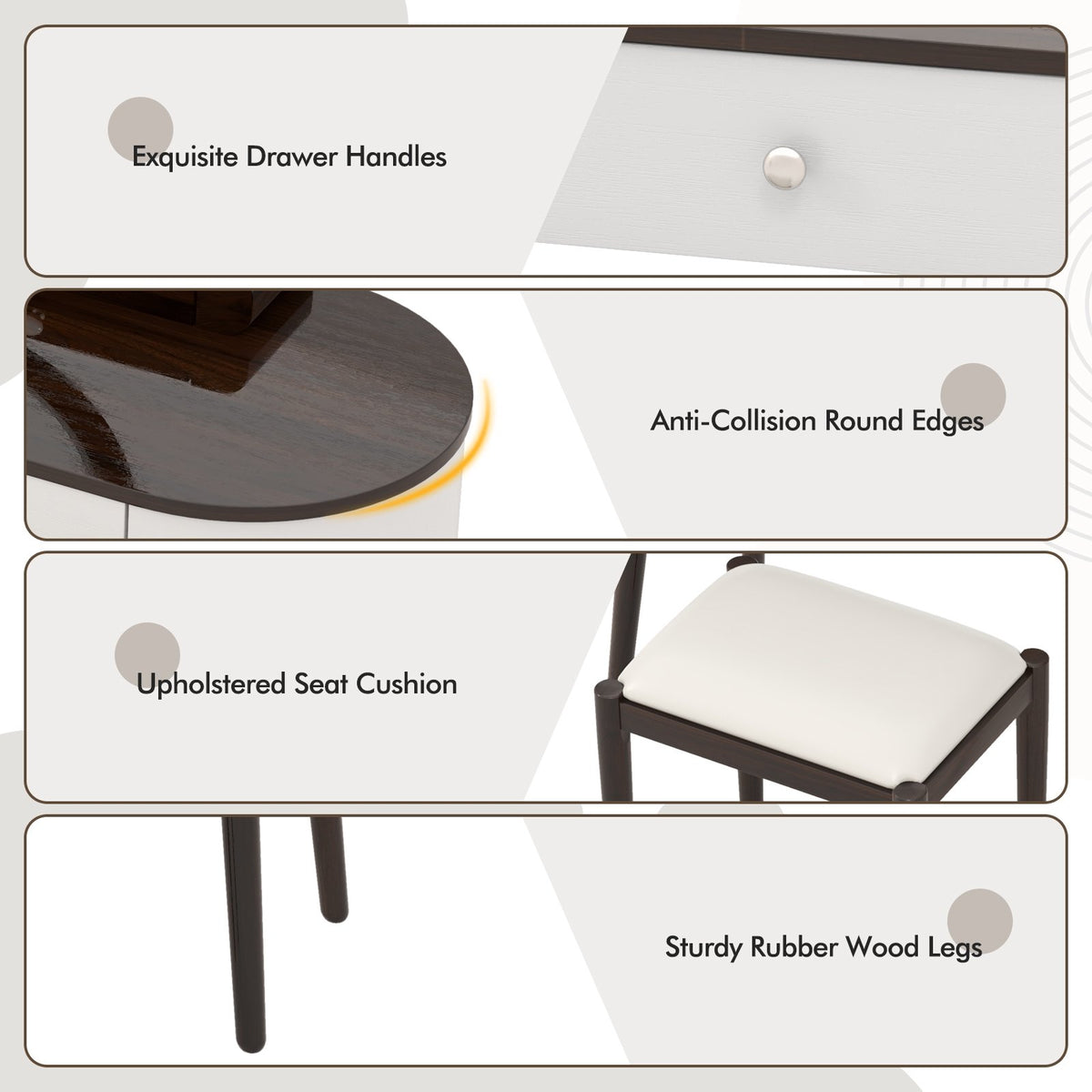 Makeup Vanity Table Set with LED Mirror and 3 Spacious Drawers-White-Brown view 9