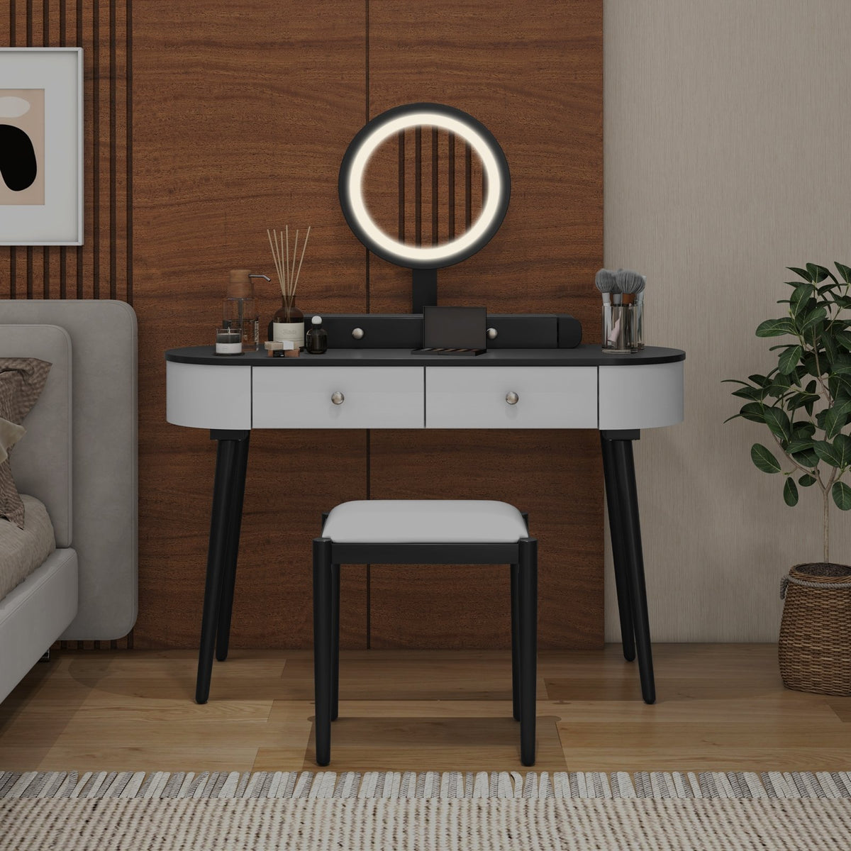 Makeup Vanity Table Set with LED Mirror and 3 Spacious Drawers-White-Dark Wood view 3