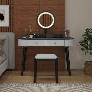 Makeup Vanity Table Set with LED Mirror and 3 Spacious Drawers-White-Dark Wood view 3