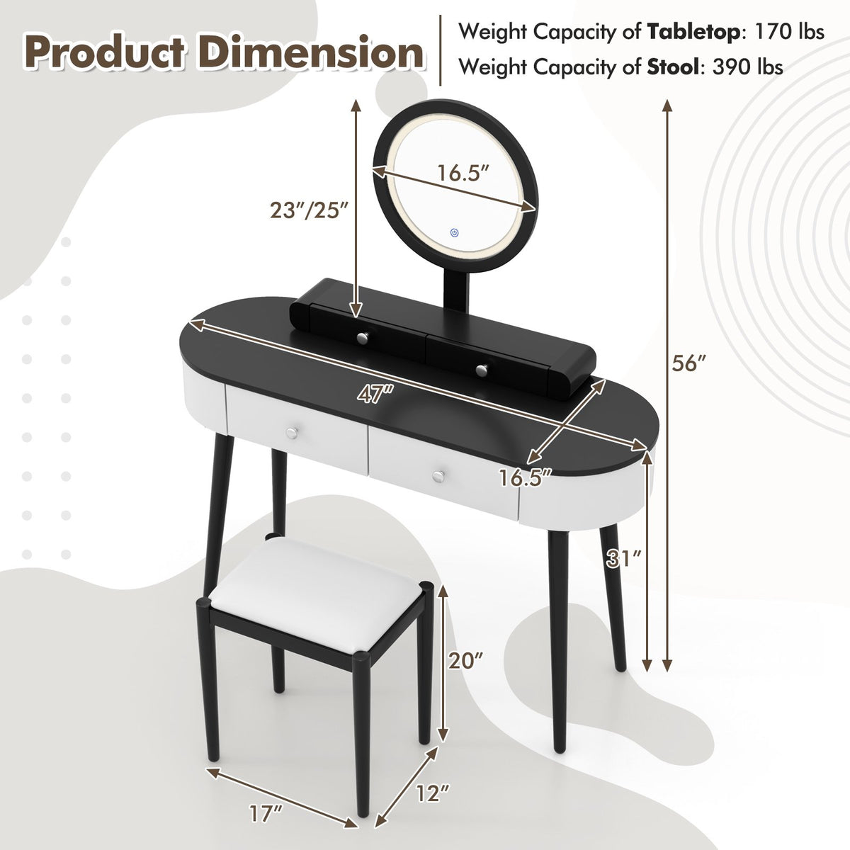 Makeup Vanity Table Set with LED Mirror and 3 Spacious Drawers-White-Dark Wood view 5