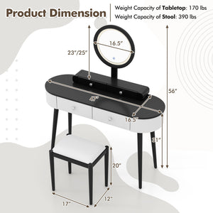 Makeup Vanity Table Set with LED Mirror and 3 Spacious Drawers-White-Dark Wood view 5