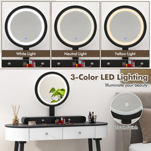 Makeup Vanity Table Set with LED Mirror and 3 Spacious Drawers-White-Dark Wood view 8
