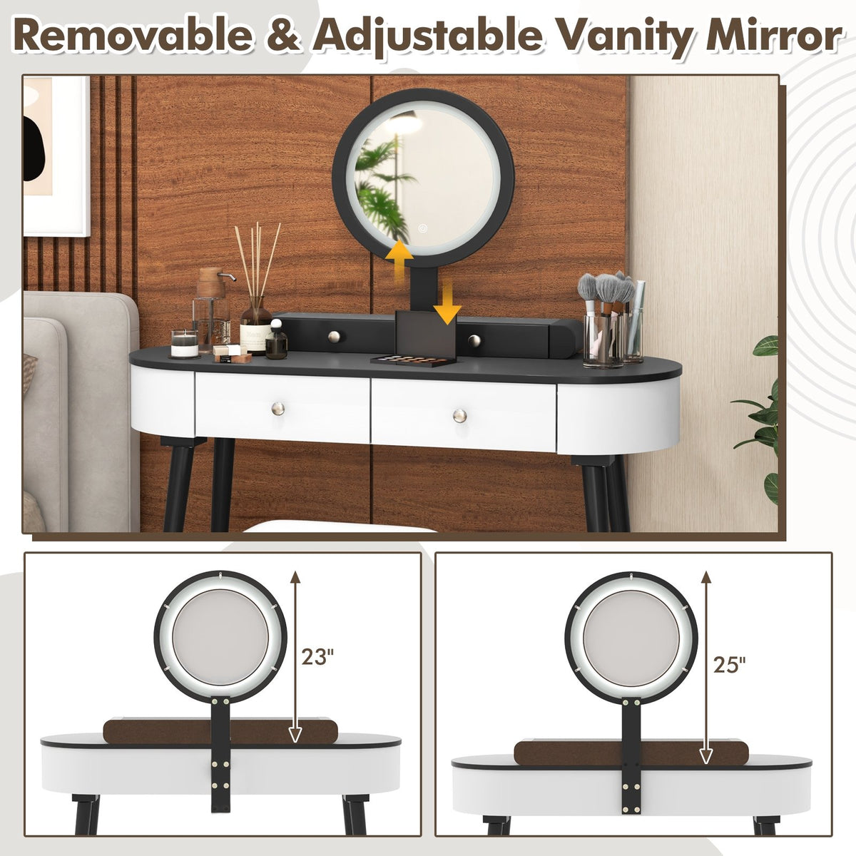 Makeup Vanity Table Set with LED Mirror and 3 Spacious Drawers-White-Dark Wood view 9