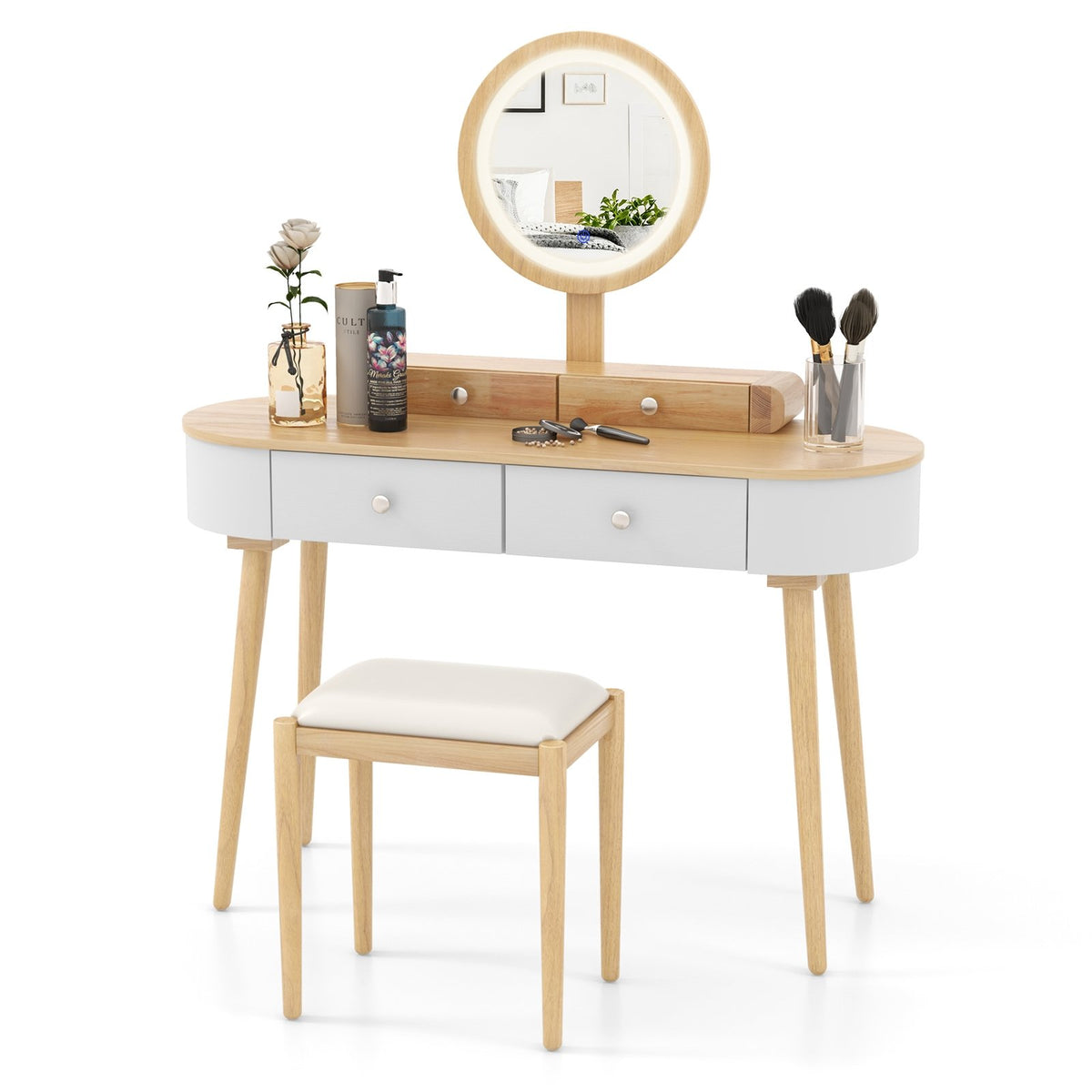 Makeup Vanity Table Set with LED Mirror and 3 Spacious Drawers-White-Natural Wood view 4