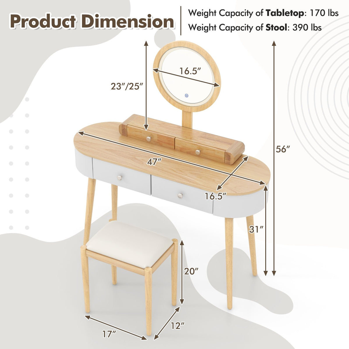Makeup Vanity Table Set with LED Mirror and 3 Spacious Drawers-White-Natural Wood view 5