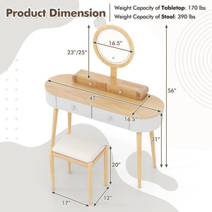 Makeup Vanity Table Set with LED Mirror and 3 Spacious Drawers-White-Natural Wood view 5