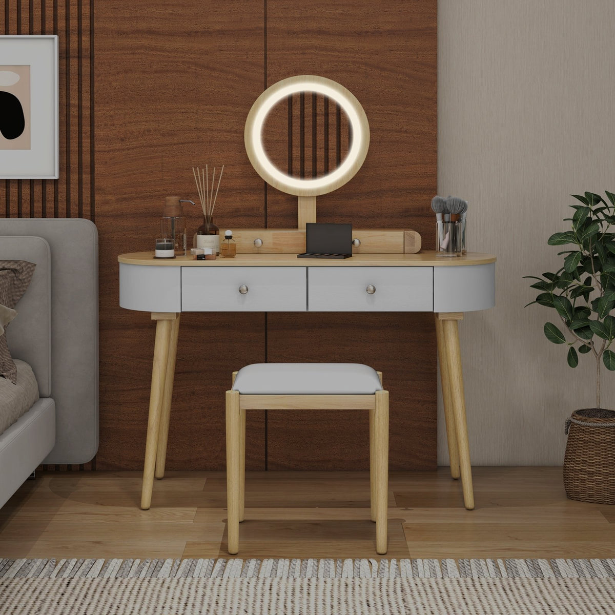 Makeup Vanity Table Set with LED Mirror and 3 Spacious Drawers-White-Natural Wood view 6