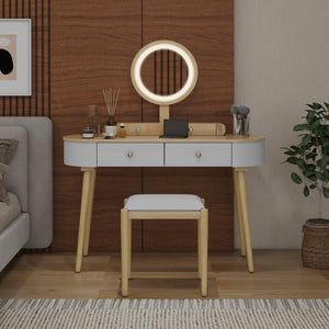 Makeup Vanity Table Set with LED Mirror and 3 Spacious Drawers-White-Natural Wood view 6