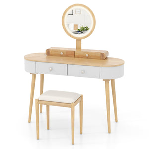 Makeup Vanity Table Set with LED Mirror and 3 Spacious Drawers-White-Natural Wood view 7