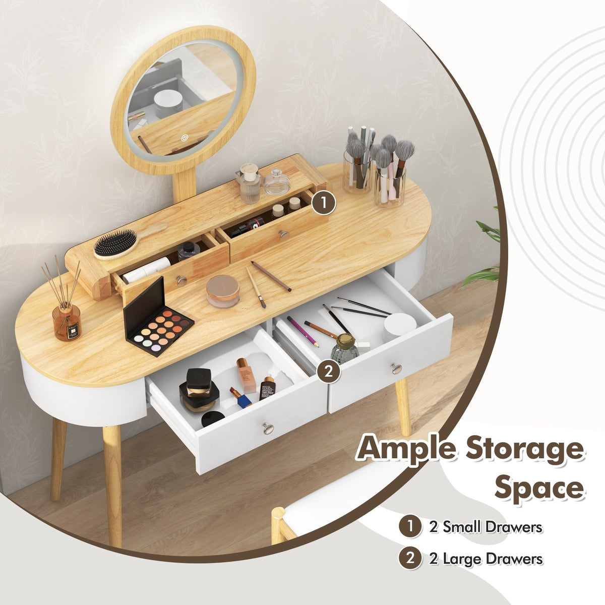 Makeup Vanity Table Set with LED Mirror and 3 Spacious Drawers-White-Natural Wood view 8