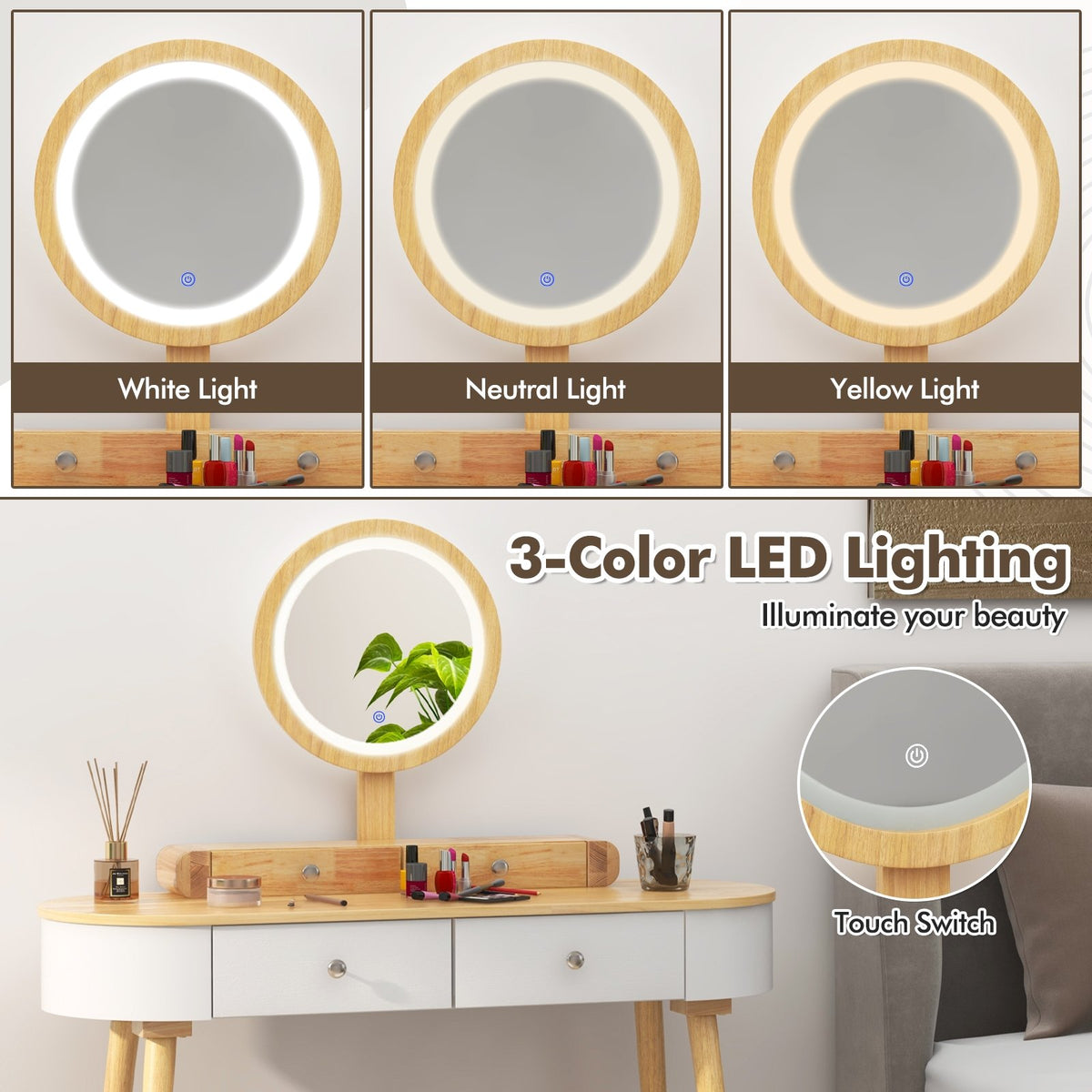 Makeup Vanity Table Set with LED Mirror and 3 Spacious Drawers-White-Natural Wood view 9
