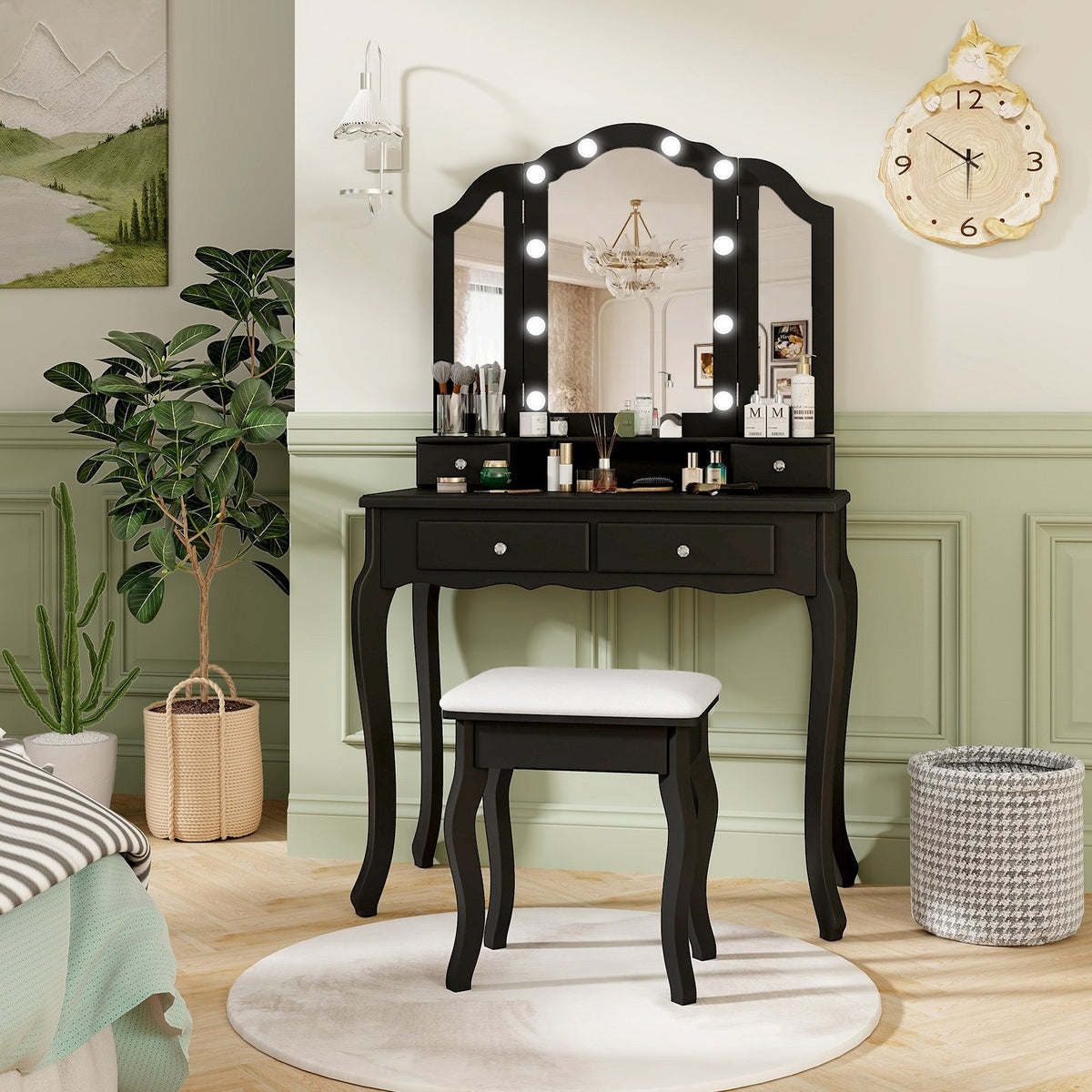 Makeup Vanity Table Set with Lighted Mirror and Drawers-Black view 2