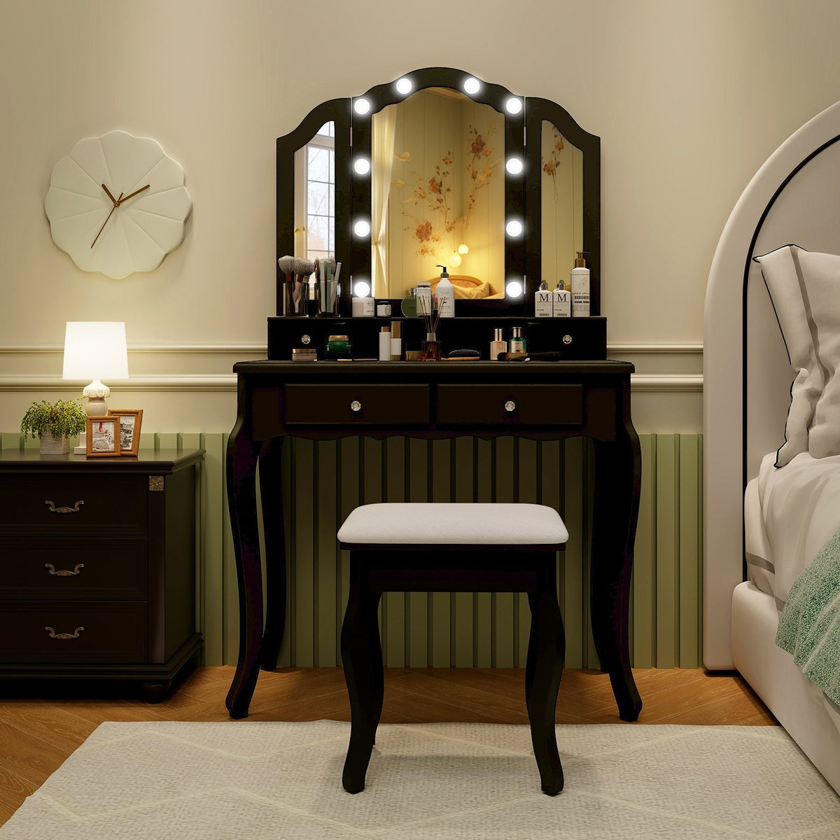 Makeup Vanity Table Set with Lighted Mirror and Drawers-Black view 3