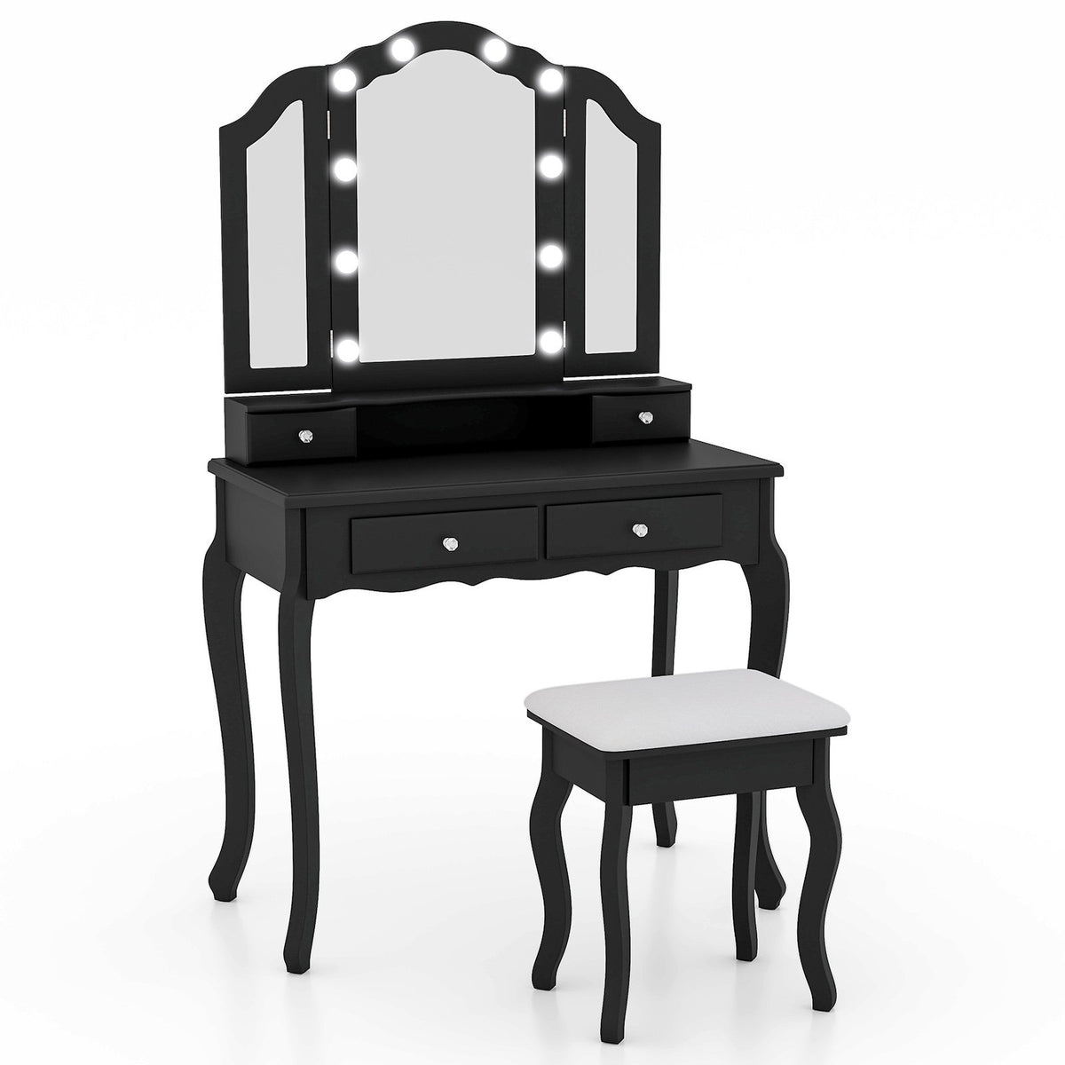Makeup Vanity Table Set with Lighted Mirror and Drawers-Black view 4