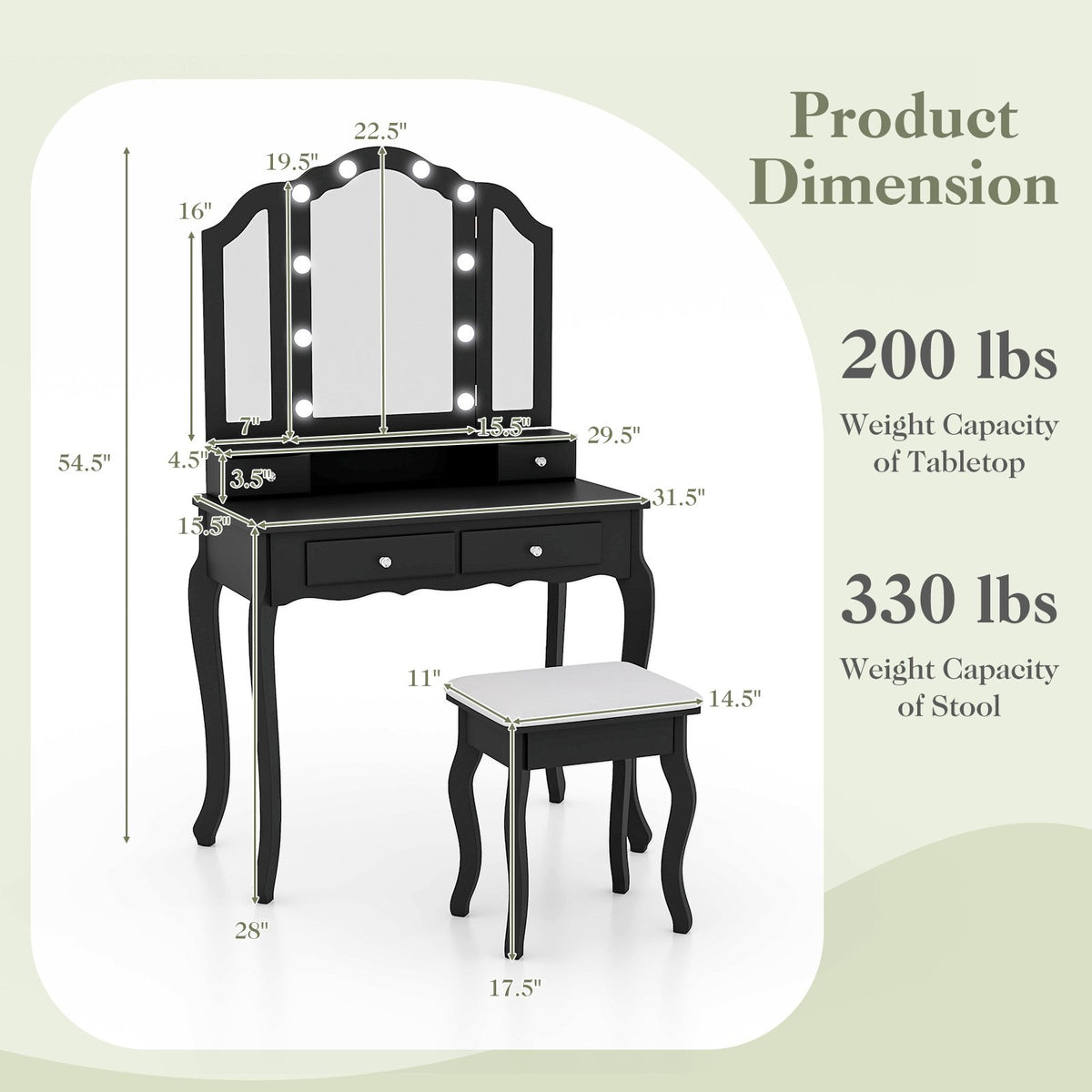Makeup Vanity Table Set with Lighted Mirror and Drawers-Black view 5