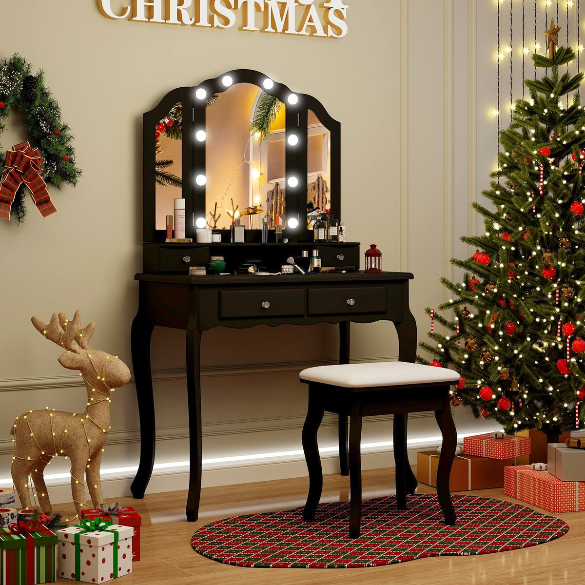 Makeup Vanity Table Set with Lighted Mirror and Drawers-Black view 6