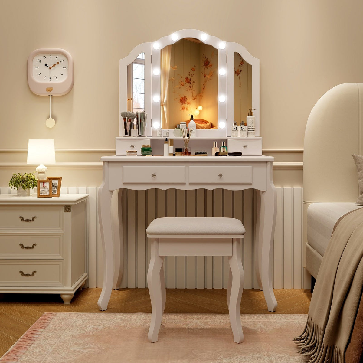 Makeup Vanity Table Set with Lighted Mirror and Drawers-White view 3