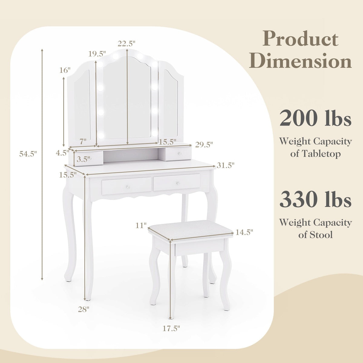 Makeup Vanity Table Set with Lighted Mirror and Drawers-White view 5