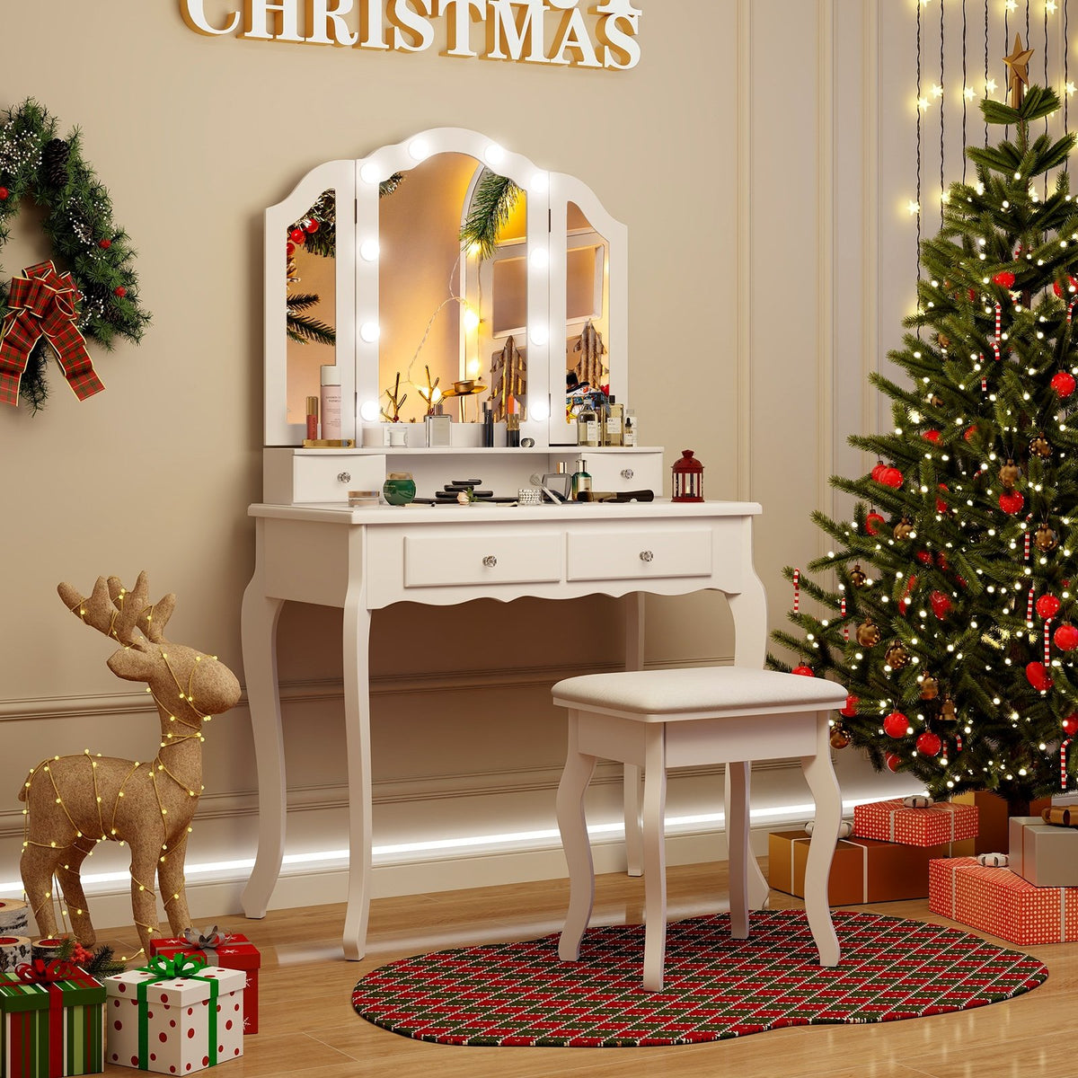 Makeup Vanity Table Set with Lighted Mirror and Drawers-White view 6