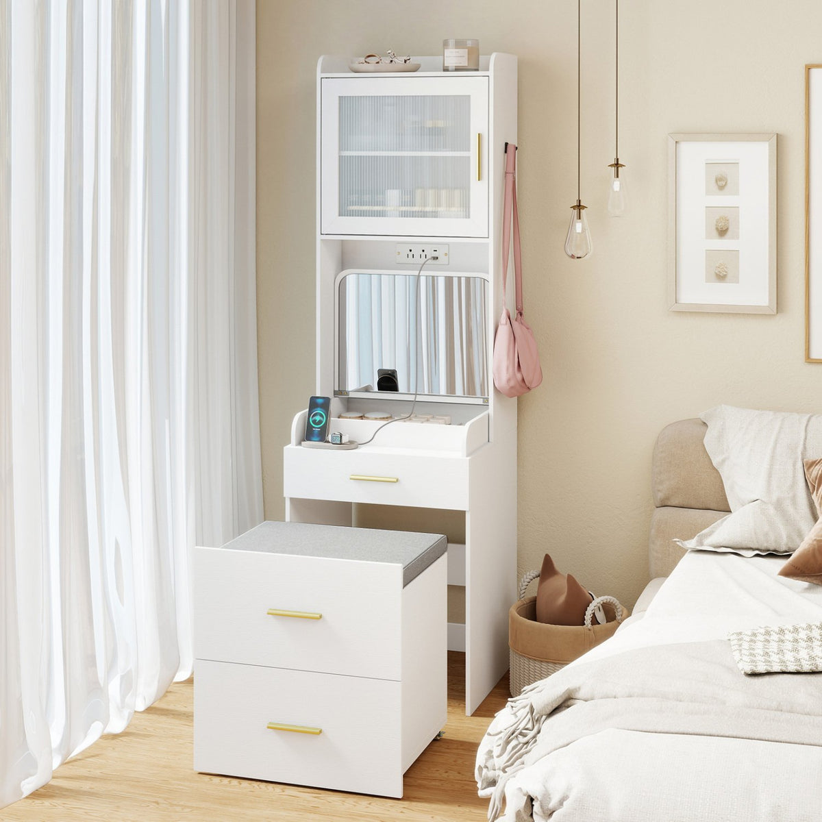 Makeup Vanity with Power Outlets and Flip-top Mirror and Storage Stool-White view 3