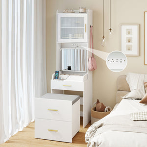 Makeup Vanity with Power Outlets and Flip-top Mirror and Storage Stool-White view 5
