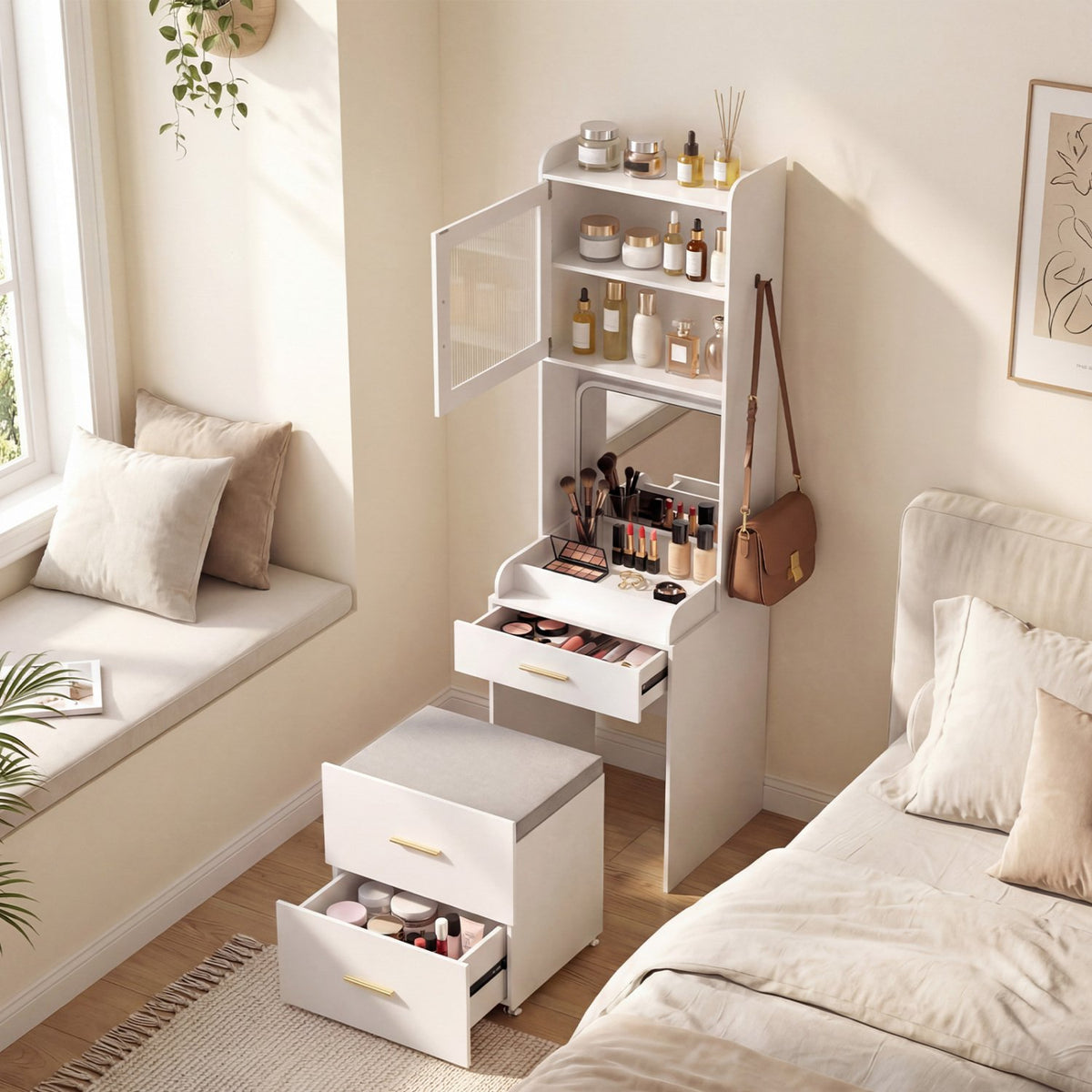 Makeup Vanity with Power Outlets and Flip-top Mirror and Storage Stool-White view 7
