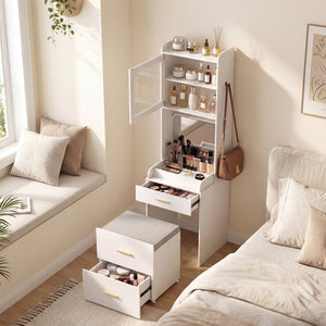 Makeup Vanity with Power Outlets and Flip-top Mirror and Storage Stool-White view 7