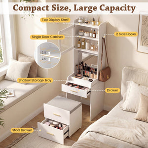 Makeup Vanity with Power Outlets and Flip-top Mirror and Storage Stool-White view 9