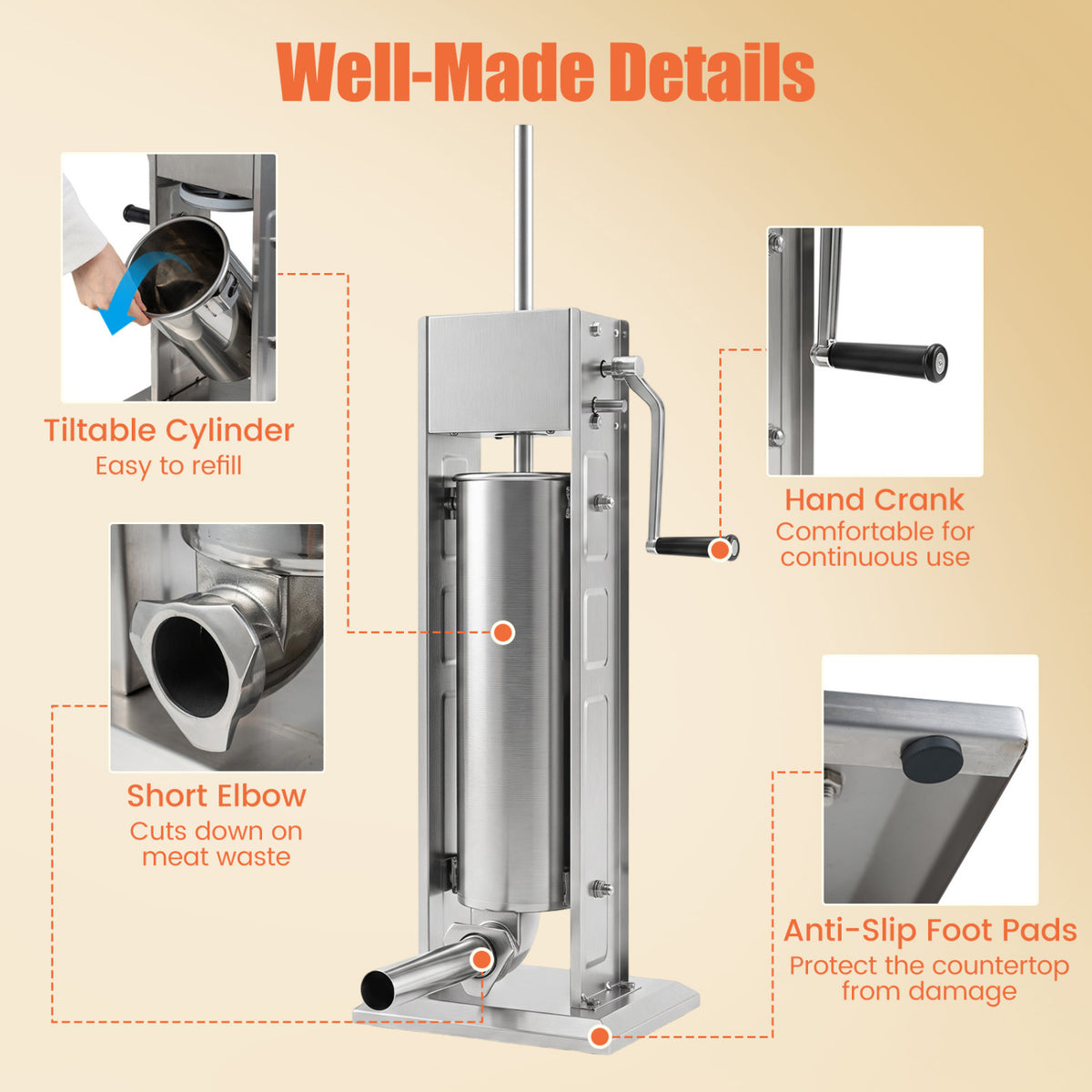 Manual Sausage Stuffer with 2 Speeds & 4 Stuffing Tubes for Commercial Home-7 L view 5